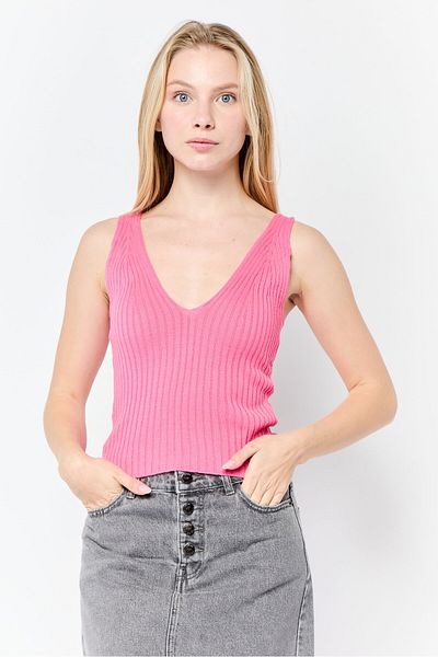Asos Design Women V Neck Sleeveless Textured Tank Top, Pink