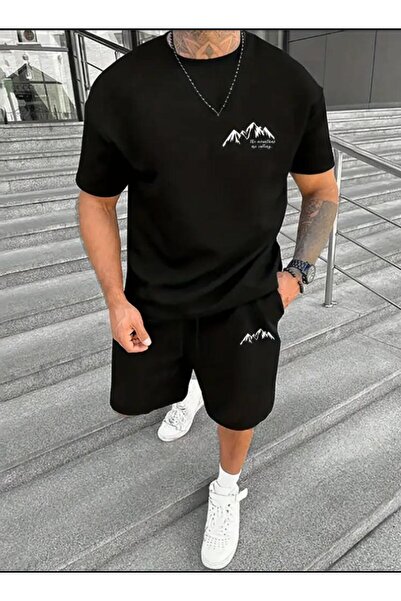 Framgan Men's Mountain Peak Printed Black/White Shorts T-Shirt Set