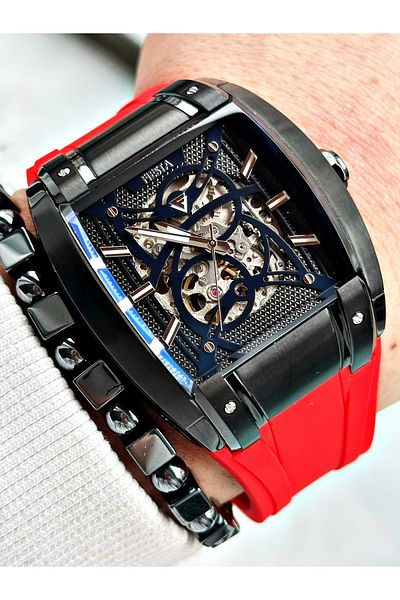 Fiesta Red Color Sport Silicone Square Steel Case Automatic Business Men Wrist Watch + Bracelet