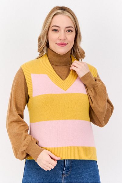 Esprit Women V Neck Two Tone Vest Sweater, Multicolor