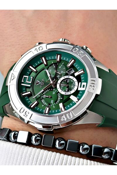 Fiesta Green Color Sport Silicone Steel Case Men Wrist Watch + Bracelet