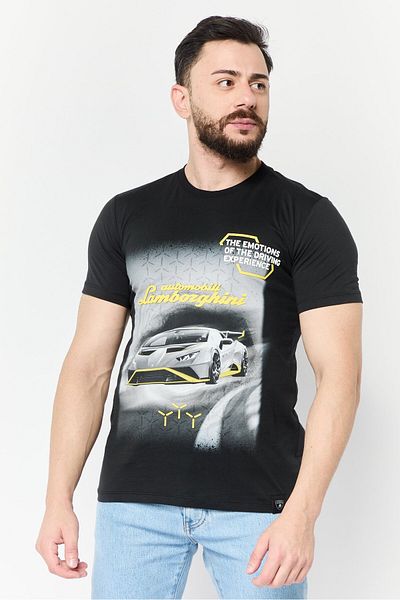 Lamborghini Men Crew Neck Short Sleeves Graphic Printed T-Shirt, Black