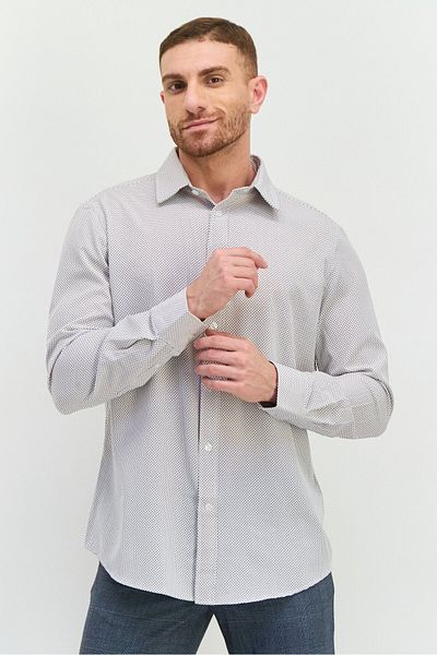 Scotch & Soda قميص رجالي عصري بأكمام طويلة مطبوع بالكامل، أبيض
