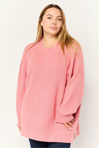 aerie Women Ribbed Collar Crochet Sweater, Pink