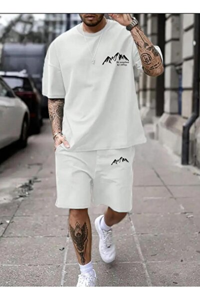 Framgan طقم تي شيرت رجالي قصير مطبوع عليه Mountain Peak باللون الأسود/الأبيض