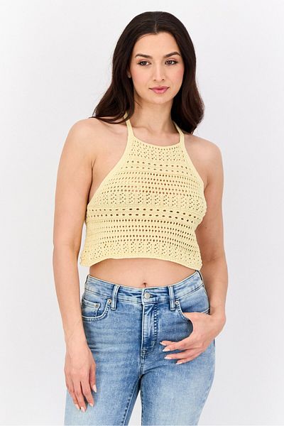 Don't Call Me Jennyfer Women Halter Neck Sleeveless Eyelet Top, Yellow