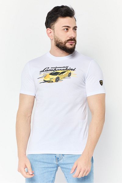 Lamborghini Men Crew Neck Short Sleeves Graphic Print T-shirt, White