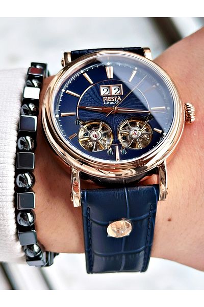 Fiesta Navy Blue Color Double Turbines Leather Cord Business Automatic Men Wrist Watch + Bracelet