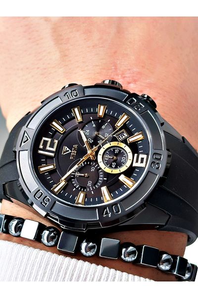 Fiesta Black Color Sport Silicone Steel Case Men Wrist Watch + Bracelet