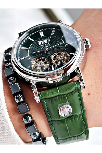 Fiesta Green Color Double Turbines Leather Band Business Automatic Men Wrist Watch + Bracelet