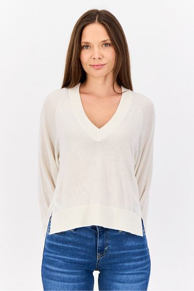 Esprit Women V-neck Long Sleeves Plain Sweater, Beige