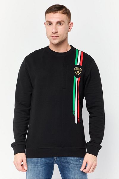 Lamborghini Men Crew Neck Brand Logo Long Sleeves Sweatshirt, Black