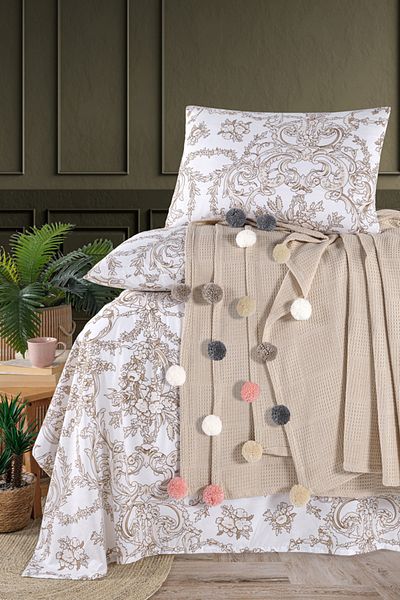 Beğenal 100% Cotton Beğenal Stone Colored Single Pompom Pique Set