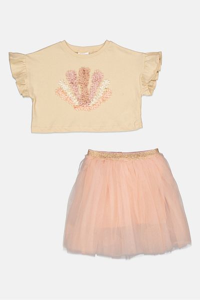 Miss Kids Girl 2 Pcs Floral Pattern Top And Skirts Sets, Cream/pink