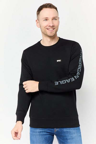 AMERICAN EAGLE Men Crew Neck Long Sleeve Brand Logo Sweatshirt, Black