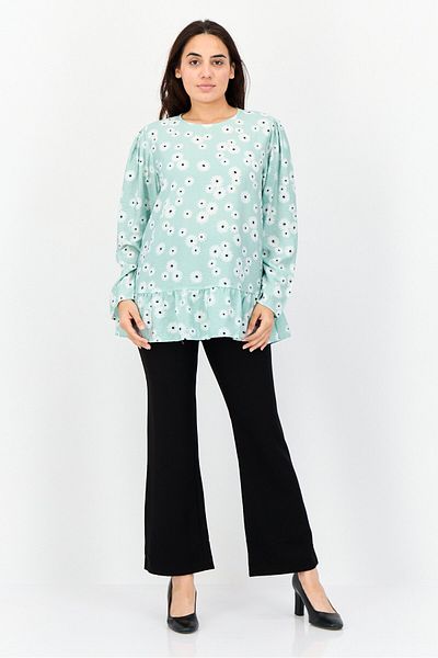 DeFacto Women Round Neck Long Sleeves Floral Print Blouse, Green
