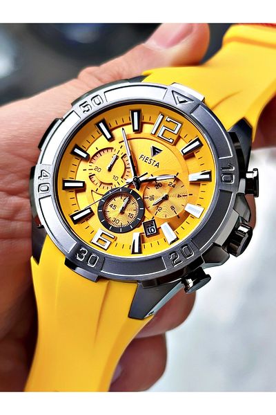 Fiesta Yellow Color Sport Silicone Steel Case Men Wrist Watch + Bracelet