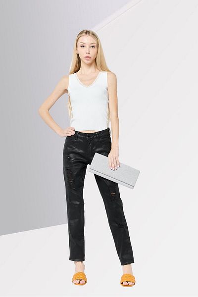 Guess Women Curve Mid Waist Solid Rip Skinny Jeans, Black