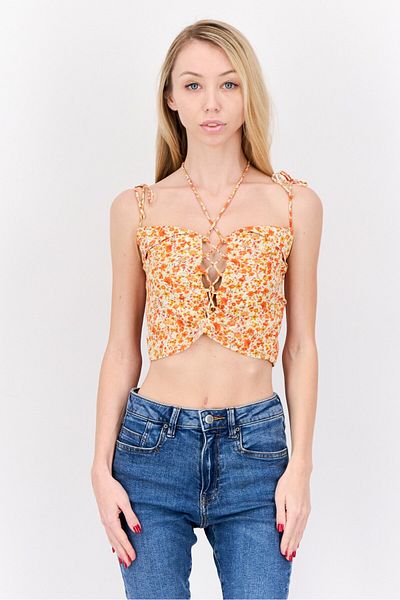 Motel Women Sweetheart Neck Sleeveless Allover Print Crop Top, Multicolor