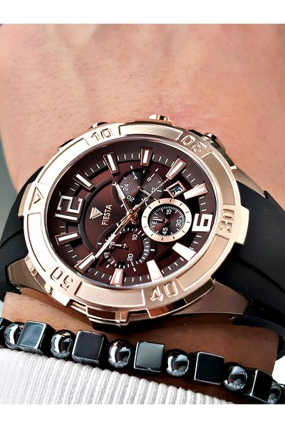 Fiesta Black Color Sport Silicone Steel Case Men Wrist Watch + Bracelet