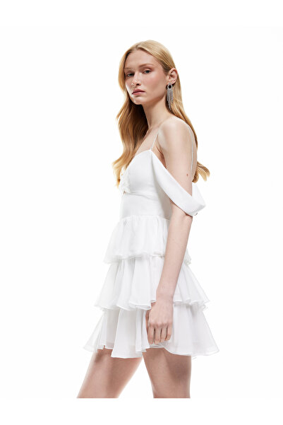 Koton Sweetheart Neck Butterfly Sleeve Tiered Flounce Mini Dress