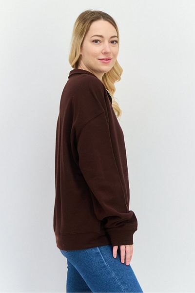 NIA Women High Neck Long Sleeves Solid Half Zip Sweatshirt, Dark Brown