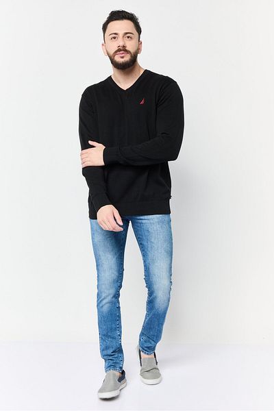 Nautica Men V-neckline Embroidered Sweater, Black