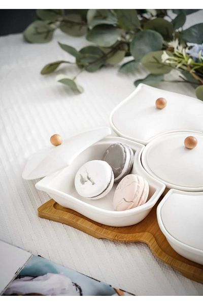 CEZVE HOME Porcelain Luxury Breakfast Set with Bamboo Stand and 5 Porcelain Covers