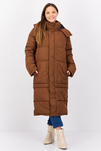 Devils Advocate Women Solid Long Puffer Jacket, Brown