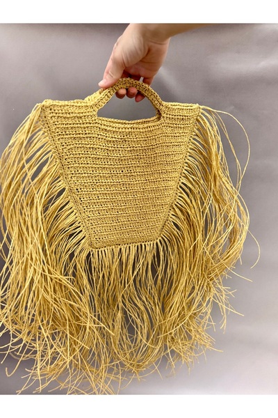 YELİZ HANDMADE El örgüsü kâğıt ip püsküllü çanta hasır çanta