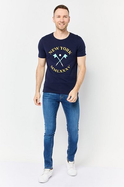 DeFacto Men Crew Neck Short Sleeves Embroidered T-shirt, Navy
