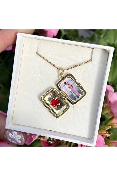 Vintagezegeni Kırmızı Kalpli Kapaklı Fotoğraflı Kolye (1,6 cm)