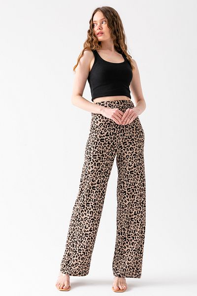 CNRCollection Women's Leopard Patterned Elastic Waist Flexible Flowy Wide Leg Wrap Fabric Women's Trousers