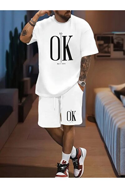 Framgan Set de tricouri și pantaloni scurți albi imprimați pentru bărbați/fem...