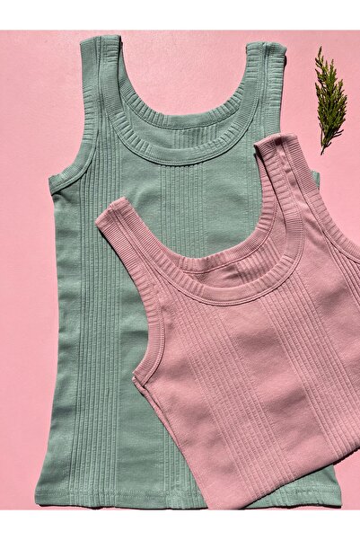 LEYNA BUTİK Βαμβακερό ύφασμα καμιζόλας, πλεκτό 2 τεμάχιο πράσινο μπλουζάκι με...