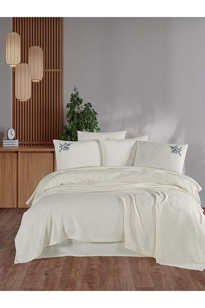 Beğenal 100% Cotton Beğenal Premium Cream Colored Double Embroidered Pique Set