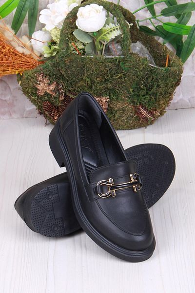 fort 35692 Black Skin Buckle Detailed Comfortable Loafer Women's Shoes