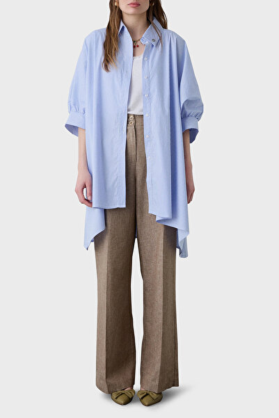 BSB Çizgili Pamuk Karışımlı Oversize Asimetrik Gömlek GÖMLEK 053