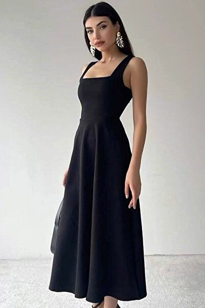 CoolLook Kalın Askılı Sırtı Fermuarka Ön ve Arkası Kare Yakalı Kolsuz Diz Altı Esnek Elbise