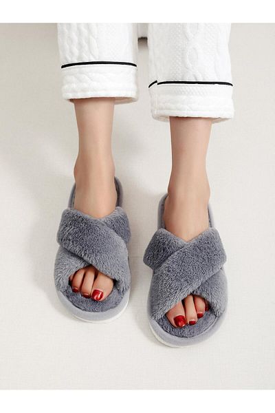 Generic Faux fur open toe flat slippers Grey cross plush slippers Indoor warm cotton slippers