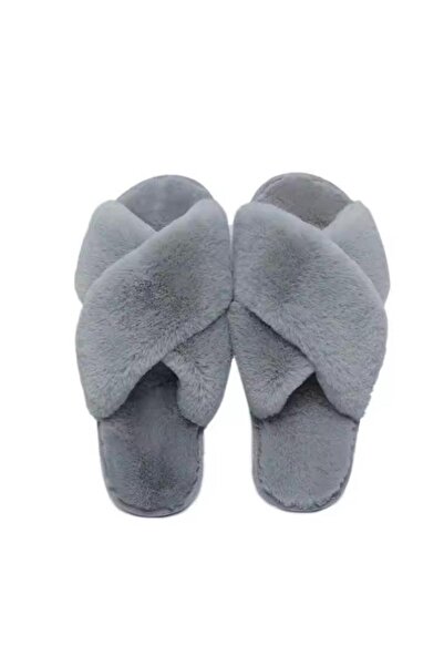 Generic Faux fur open toe flat slippers Grey cross plush slippers Indoor warm cotton slippers