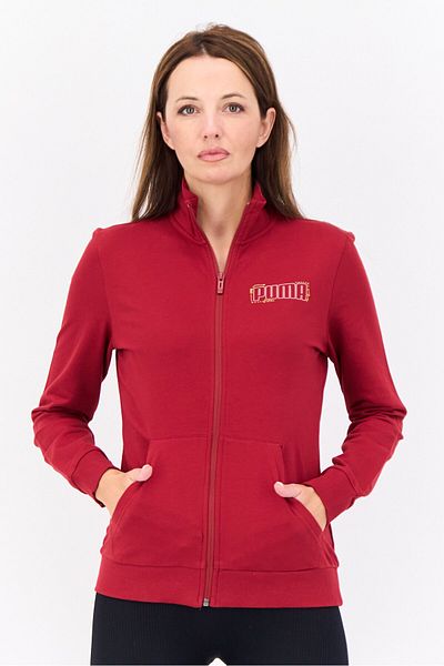 Puma سويت شيرت نسائي للأنشطة الخارجية بأكمام طويلة وسحاب كامل وشعار العلامة التجارية، أحمر