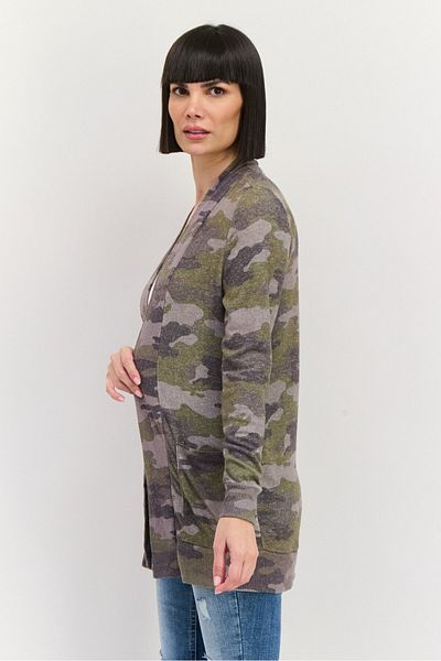 Market And Spruce Women Split Neck Camouflage Cardigan, Olive