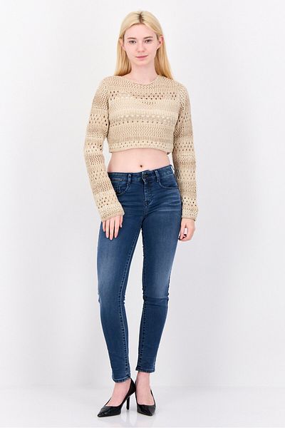 Don't Call Me Jennyfer Women Round Neck Eyelet Knitted Sweater, Tan