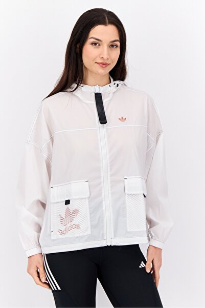 adidas سترة رياضية نسائية بأكمام طويلة وغطاء رأس للخارج، لون أبيض