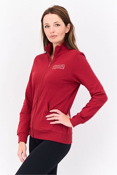 Puma سويت شيرت نسائي للأنشطة الخارجية بأكمام طويلة وسحاب كامل وشعار العلامة التجارية، أحمر