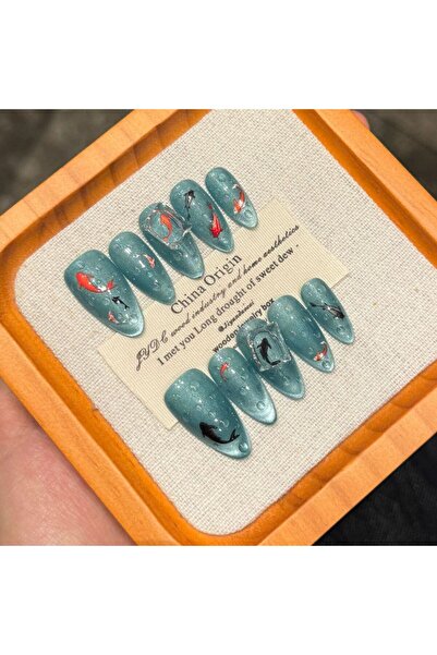 Choice أظافر صناعية مصنوعة يدويًا على شكل سمكة حظ سعيد على الطراز الصيني، غطا...