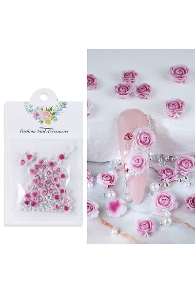 Choice MZ 30 PCs Gradient Carved Roses with Steel Bead Pearl Nail Accessories