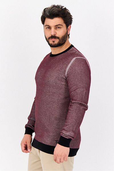 Trussardi Jeans Men Round Neck Textured Long Sleeves Sweatshirt, Maroon/black