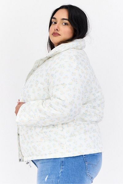 Neon Rose Women Plus Size Floral Print Puffer Jacket, Multicolor